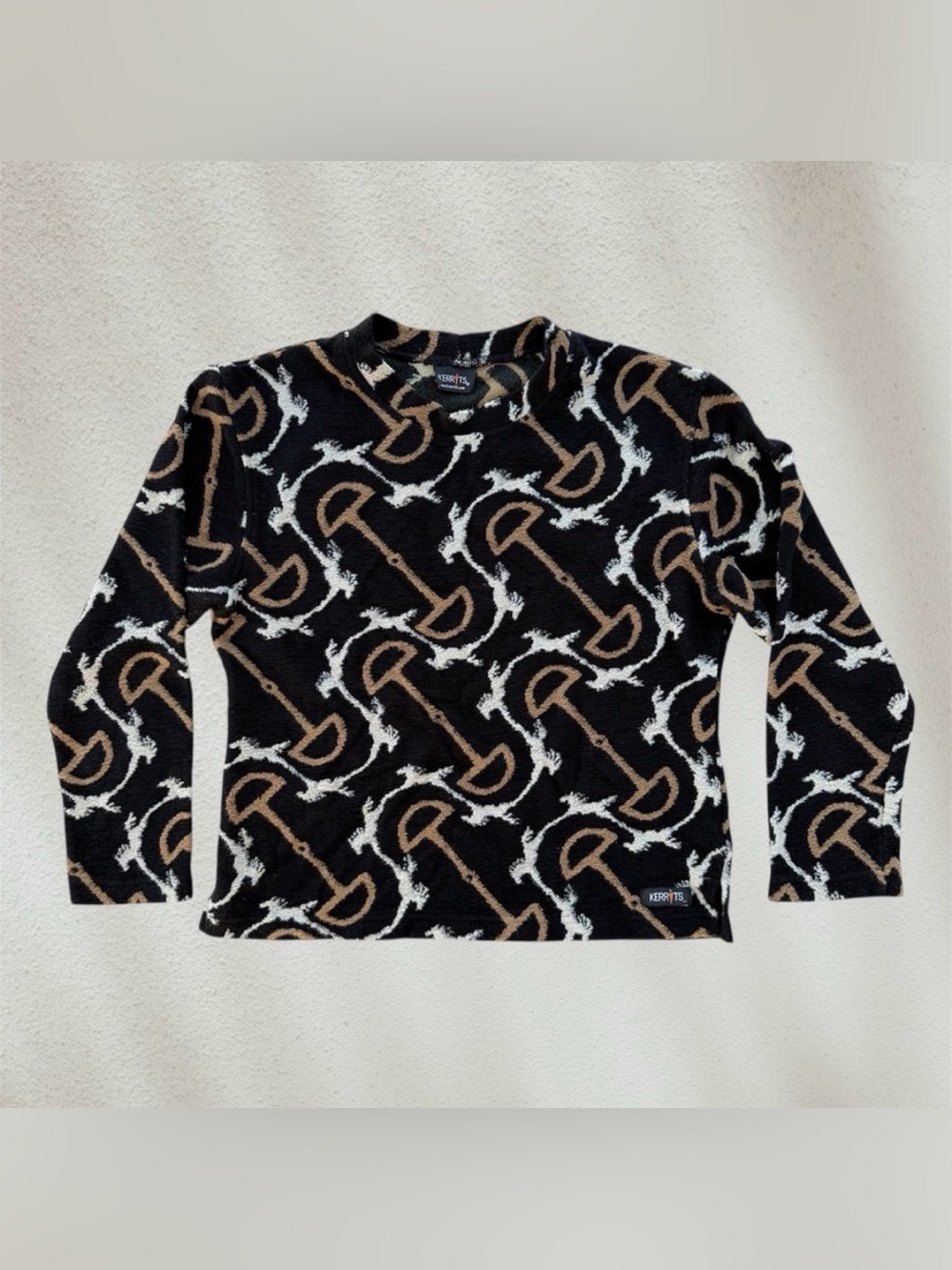 Kerrits Bridles & Horses Pattern Black Knit Long Sleeve Sweater Lounge Top, L